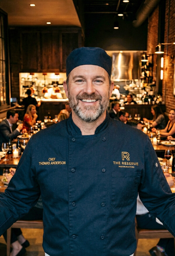 A smiling chef standing in his busy restaurant dining room