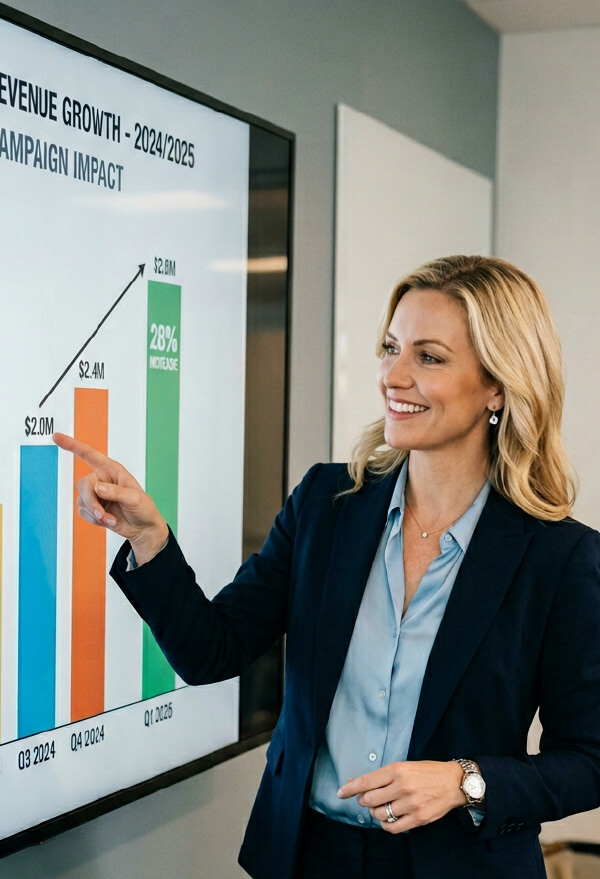 A marketer presenting a revenue-growth chart on an office screen