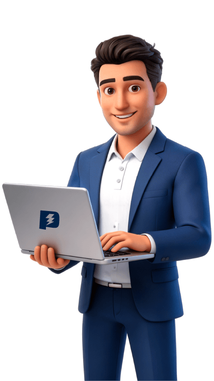 Mr. Zam, PostZam's mascot &mdash; a smiling man in a blue suit holding a laptop