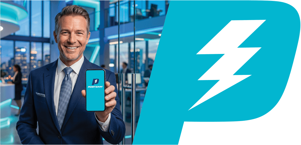 An executive in a modern office holding a phone running the PostZam app, beside the PostZam lightning-bolt P logo