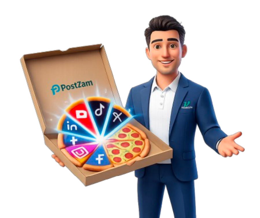 Mr. Zam holding an open pizza box in which each slice is a social platform logo